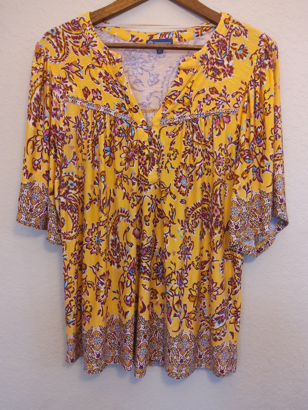 Democracy Tunic Blouse Womens Size 1X Orange Gold Pink Floral Boho Peasant Top